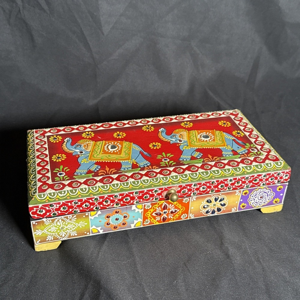 Indian Elephant Hand Painted Box 11x5.5x2.75